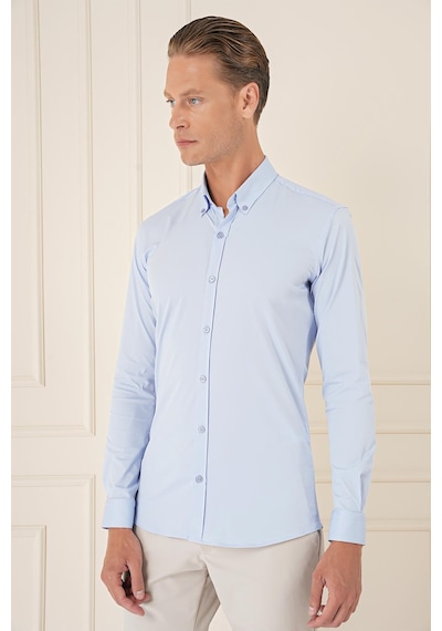 Efor Slim Fit Düğmeli Yaka Esnek Pamuk Klasik Mavi Gömlek Gk 727 Mavi