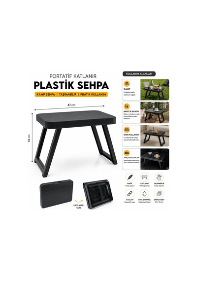 Krt-1137 Katlanabilir Kamp Ve Piknik Masası - Küçük 47x33 Cm Siyah Plastik- 10'li Paket