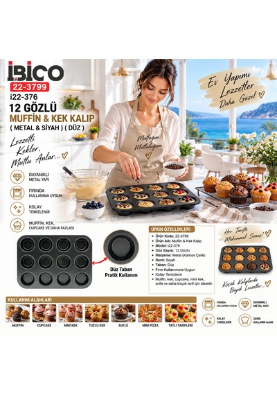 12 Gözlü Metal - Siyah Düz Muffin - Kek Kalıp 4915 12v