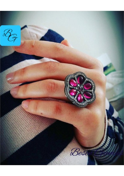 Oval Pembe Zirkon Taşlı Otantik Papatya Model Yüzük Gümüş - Rose Gold