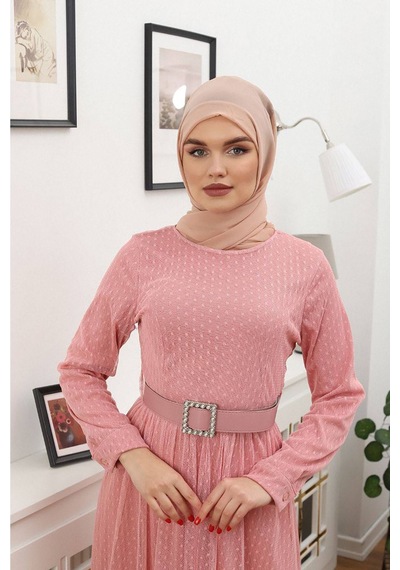 Neşeli Butik Kadın Puantiyeli Tesettür Elbise Rssn45 - Gül Kurusu