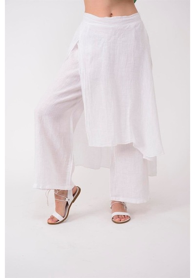 Bohem Stil İtalyan Ham Keten Pantolon Etek-8747 Beyaz