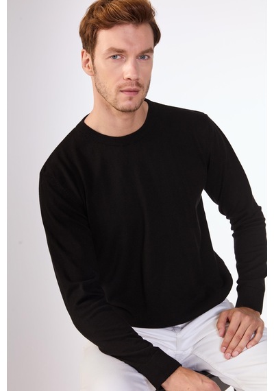 Dufy Siyah Bisiklet Yaka %100 Pamuk Düz Renk Slim Fit Erkek Triko Siyah