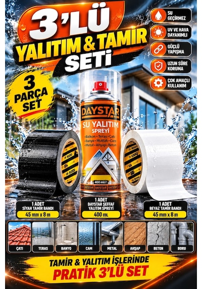 3 Lü Su Geçirmez Yalıtım Ve Tamir Seti 45 Mm 8 M Siyah Beyaz Bant + 400 Ml Daystar Şeffaf Su Yalıt