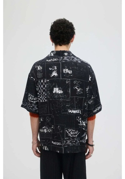 Şık Ve Rahat Domrebel Comics Desenli Camp Collar Gömlek - Yumuşak Twill Kumaş Siyah