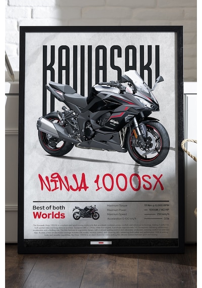Kawasaki Ninja 1000 Sx Siyah Ahşap Çerçeveli Poster, Dekoratif Motosiklet Duvar Tablosu