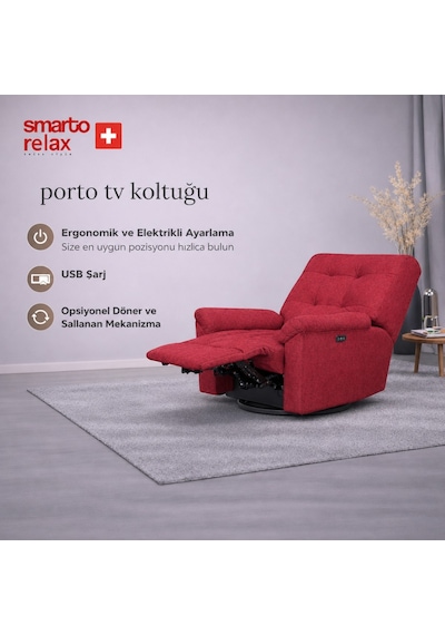 Smarto Relax Porto Comfort Elektrikli Döner Sallanan Tv Koltuğu Kontrol Panelli Ergonomik Polyester Baba Koltuğu Sarı