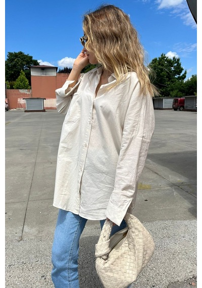 Madmext Bej Oversize Basic Cepli Poplin Gömlek Mg1530 Bej