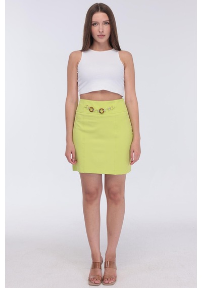 Selectmoda Kadın Zincir Toka Detaylı Modern Şık Mini Etek Yeşil