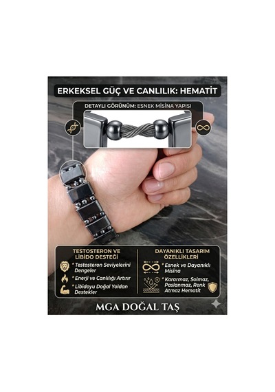 Hematit Bileklik - Hematit Taşı Bileklik - 3 Delikli Esnek Misinalı Hematit Bileklik Gri Gri