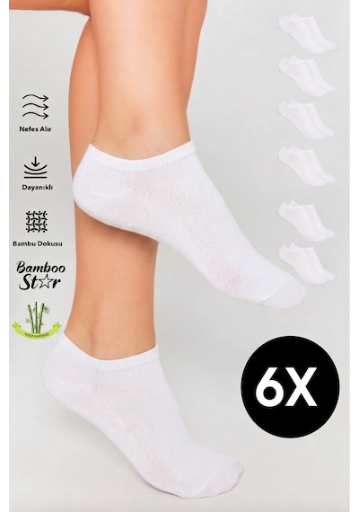 Bamboo Star Bambu Kadın Sneaker Beyaz Çorap Dikişsiz Görünmez Bilekte Görünmez Spor Çorap Premium 6'lı Paket