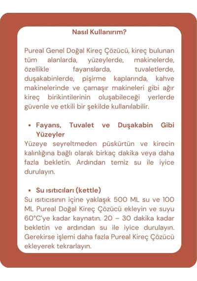 Pureal Doğal Kireç Çözücü - Tüm Kireçli Yüzeyler, Espresso Ve Kahve Makineleri - Su Isıtıcıları 1 L Tekli