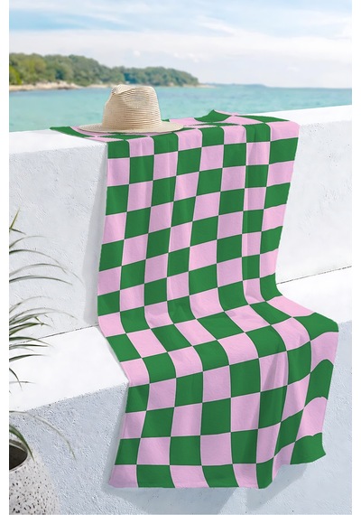 Damalı Kareli Pembe Yeşil Plaj Havlusu - Modern Retro Geometrik Hızlı Kuruyan Mikrofiber Havlu Örtü Çok Renkli