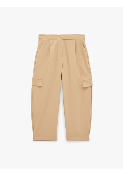 Koton Gabardin Barrel Pantolon Kargo Cepli Yüksek Bel Bol Kesim Bej 7wkg40089aw Ekru
