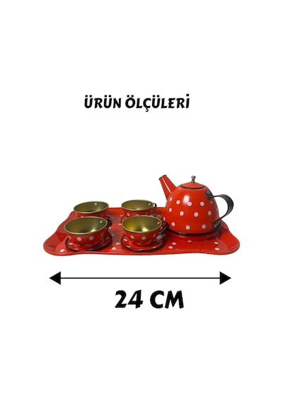 14 Parça Metal Kırmızı Beyaz Desenli Oyuncak Çay Seti