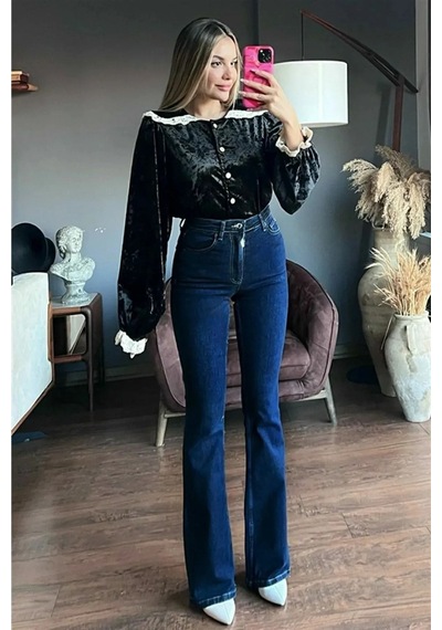 Woddi Tanye Lacivert İspanyol Yüksek Bel Toparlayıcı İspanyol Paça Solmaz Jeans Pantolon Laci Vert