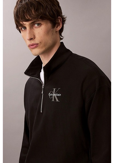Calvin Klein Erkek Rahat Kalıp Yarım Fermuarlı Yüksek Yaka Sweatshirt - Siyah Black