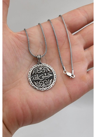 Hasbiyallah Yazılı - Allah Bana Yeter Yazlı 925 Ayar Gümüş Kolye Zincir 903218