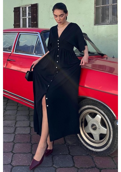 Madmext Siyah V Yaka Düğmeli Elbise Mg2339 Siyah