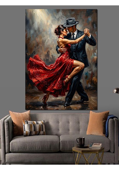 Romantik Kırmızı Elbiseli Tango Dansı Dekoratif Kanvas - Mdf Ahşap Tablo
