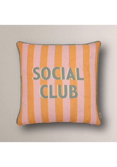 Social Club Baskılı Çizgili Kırlent Kılıfı Turuncu