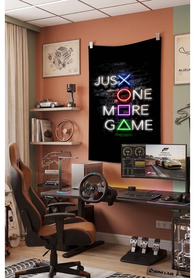 Just One More Game Duvar Örtüsü, Gamer Oda Dekoru, Oyuncu Baskılı Kumaş Duvar Halısı Beyaz