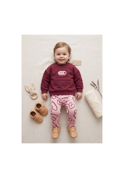 Deniva Kids Kız Bebek Bordo Sweatshirt Ve Kalp Desenli Pembe Eşofman Altı 2'li Pamuklu Takım