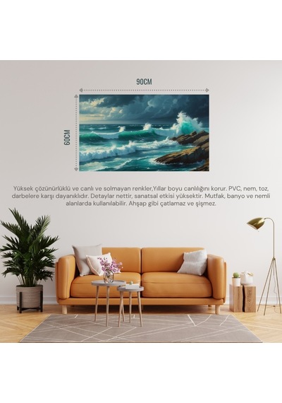 Doğa Ve Manzara Yatay Kayalara Çarpan Güçlü Okyanus Dalgaları, Dramatik Gökyüzü 06 Çerçevesiz 90x60cm Pvc Tablo