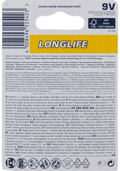 Varta Longlife Alkalin Pil 9V, E-Block, 6LP3146