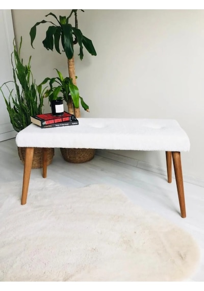 Ahşap Ayaklı Handmade Geniş Oturum Alanlı Beyaz Welsoft Kumaş Pofidik Puf Bench ,ayak Ucu Uzatmalık Beyaz