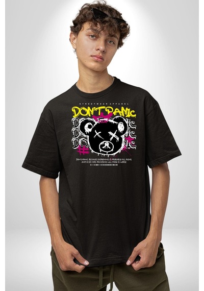 Panik Yok Teddy Pamuklu Bisiklet Yaka Unisex Oversize Boyfriend Dijital Baskılı Siyah T-shirt Siyah Panik Yok Teddy Pamuklu Bisiklet Yaka Unisex Oversize Boyfriend Dijital Baskılı Siyah T-shirt Siyah