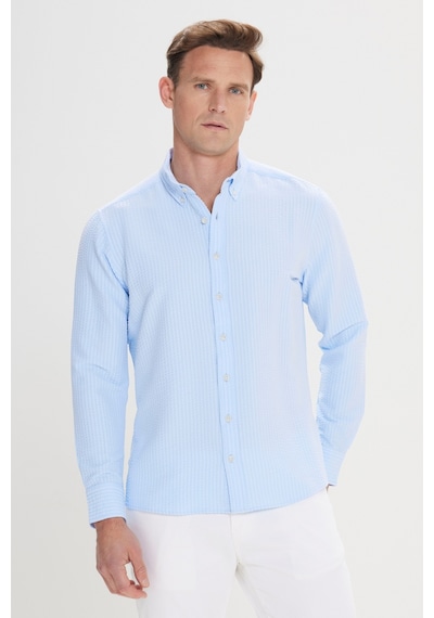 AC&Co / Altınyıldız Classics Erkek Mavı Slim Fit Dar Kesim Düğmeli Yaka %100 Pamuk Gömlek - Mavi