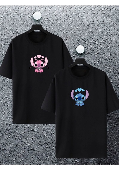 Unisex Kadın Erkek Lilo & Angel Baskılı Sevgili Çift Kombini Tasarım Oversize Tshirt 2'li Siyah Mck2108 Siyah
