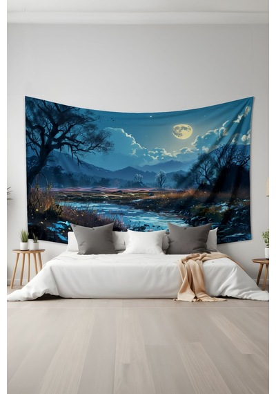 Ay Işığı Nehir Manzarası Desenli Duvar Halısı Duvar Örtüsü Tapestry Süet Dokulu Kumaş