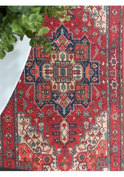 Eskitme Madalyon Desenli Kiremit Ve Lacivert Vintage Salon Halısı - 11428ou Kırmızı