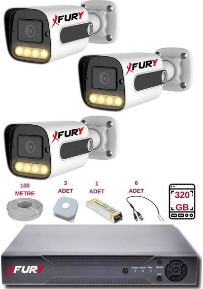 Fury 3 Kameralı Set Full Hd Gece Renkli Görüş-cepten İzle-su Geçirmez Güvenlik Kamerası Seti 320gb