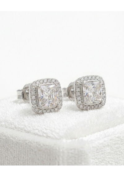 Kadın Moissanite Kare Tek Taş Model Etrafı Sıralı Taş Detay Gümüş Küpe