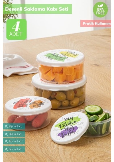 4 Lü Desenli Saklabı Kabı Seti Erzak Kabı Buzdolabı Kabı Yuvarlak Bpa Free Şeffaf