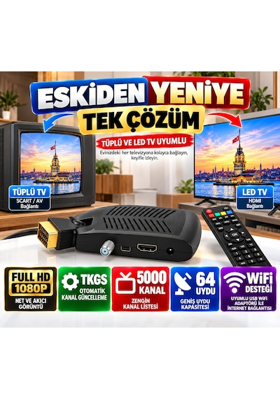 Multibox Tüplü Tv Full Hd Mini Gold Scart Uydu Alıcısı Tkgs, Wifi Destekli, 5000 Kanal, 64 Uydu