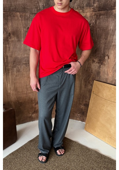 Hyman Erkek %100 Pamuk Oversize Basic T-shirt Kırmızı