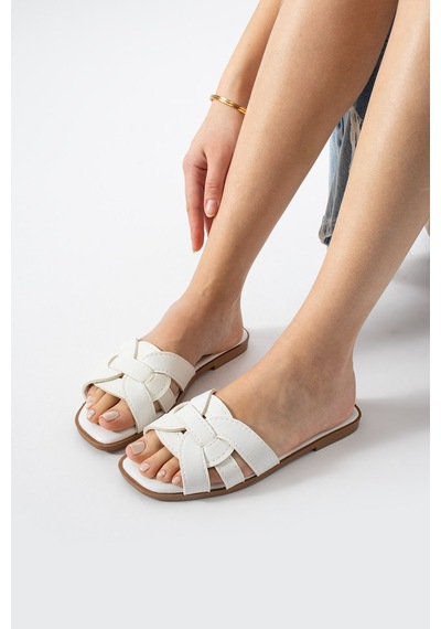 Dabab Shoes Lında Kadın Beyaz Kare Burun Örgü Bantlı Düz Taban Günlük Terlik