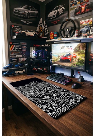 Siyah Beyaz Japon Dalga Deseni 40x90 Cm Oyuncu Mousepad Kaymaz Taban Büyük Boy Mousepad