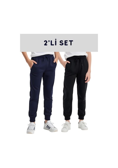 Fyk Kids 2'lü Düz Baskısız Jogger Çift Cepli Çocuk Eşofman Altı Lacivert - Siyah