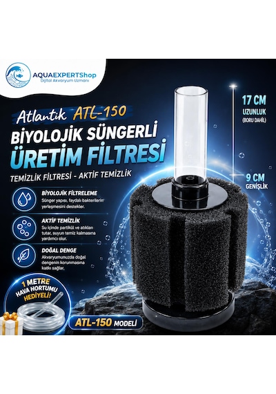 Atlantik Biyolojik Süngerli Üretim Filtresi - Temizlik Filtresi - Pipo Filtre - Aktif Temizlik - . 17x Cm - 1 Metre Hava Hortumu Hediye