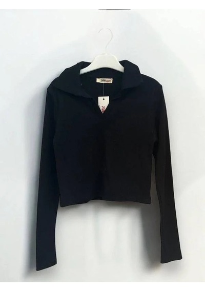 Kız Çocuk Mevsimlik Pamuklu V Yakalı Crop Bluz-14424 Siyah