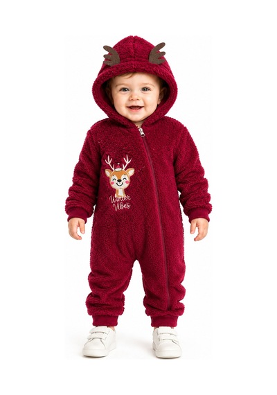 Tatlı Geyik Nakışlı Welsoft Peluş Kapüşonlu Fermuarlı Kışlık Unisex Bebek Tulumu 40212 Bordo