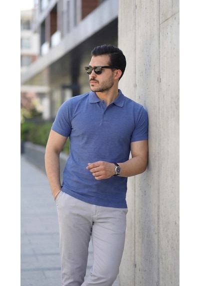 Defymoda Erkek Kısa Kollu Yakalı Tişört B. İndigo