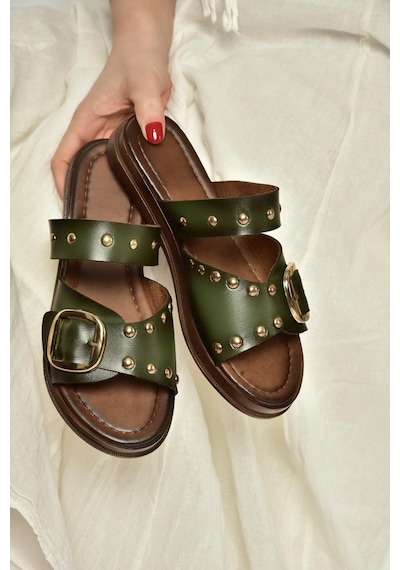 Fox Shoes Y390450703 Yeşil Hakiki Deri Zımba Detaylı Kadın Terlik Yeşil