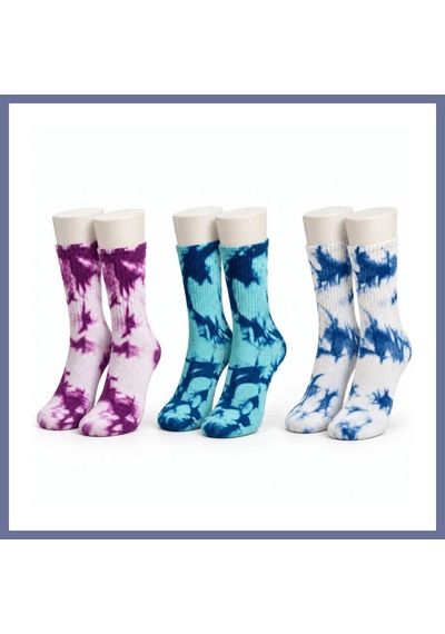 Bezos Unisex Batik Desenli Çorap 3'lü Set Pamuklu Renkli Uzun Soket Dikişsiz Nefes Alan Spor Çorabı Günlük Dlra Çok  Renkli