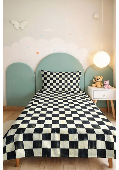 Siyah Geometrik Genç Odası Tek Kişilik Pike Takımı - Modern Kareli 160x220 Cm Kapitone Yatak Örtüsü Kırsal Duman Kırığı